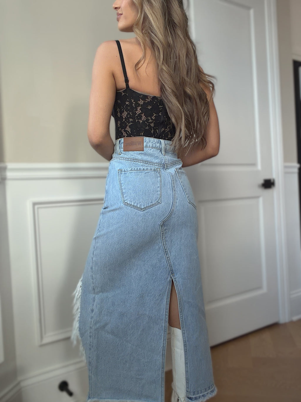 Harper Heavily Distressed Denim Maxi Skirt