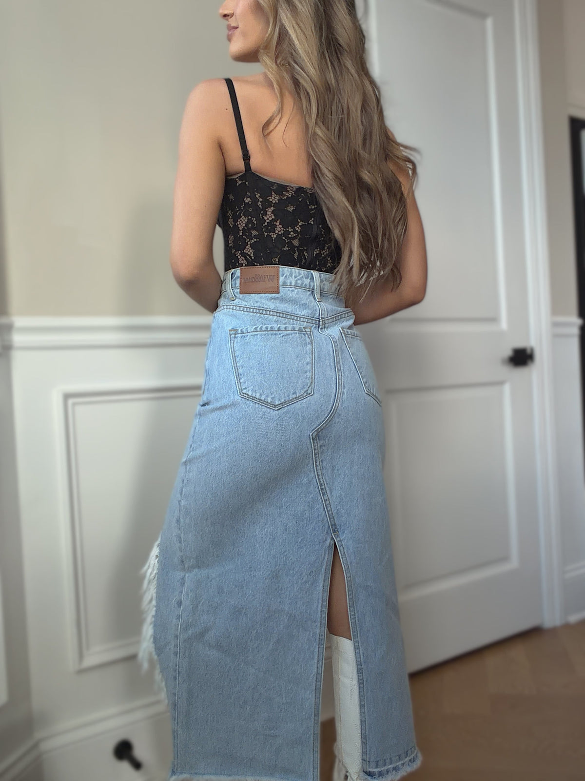 Harper Heavily Distressed Denim Maxi Skirt
