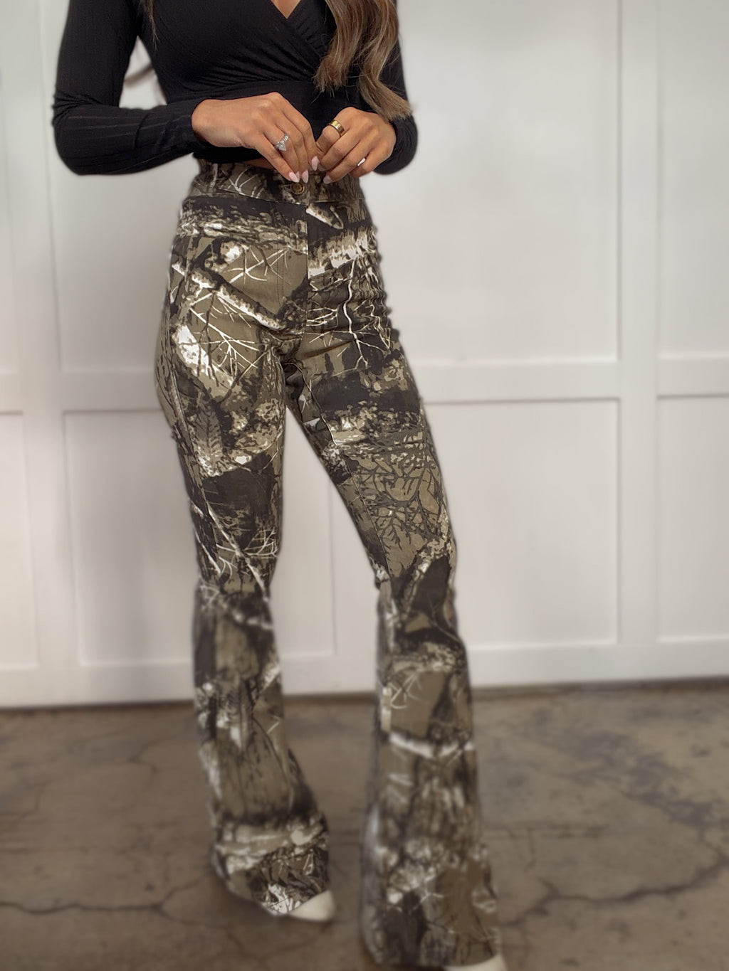 Fiona High Waisted Bell Bottom Flare Jeans - Moss Brown Camo