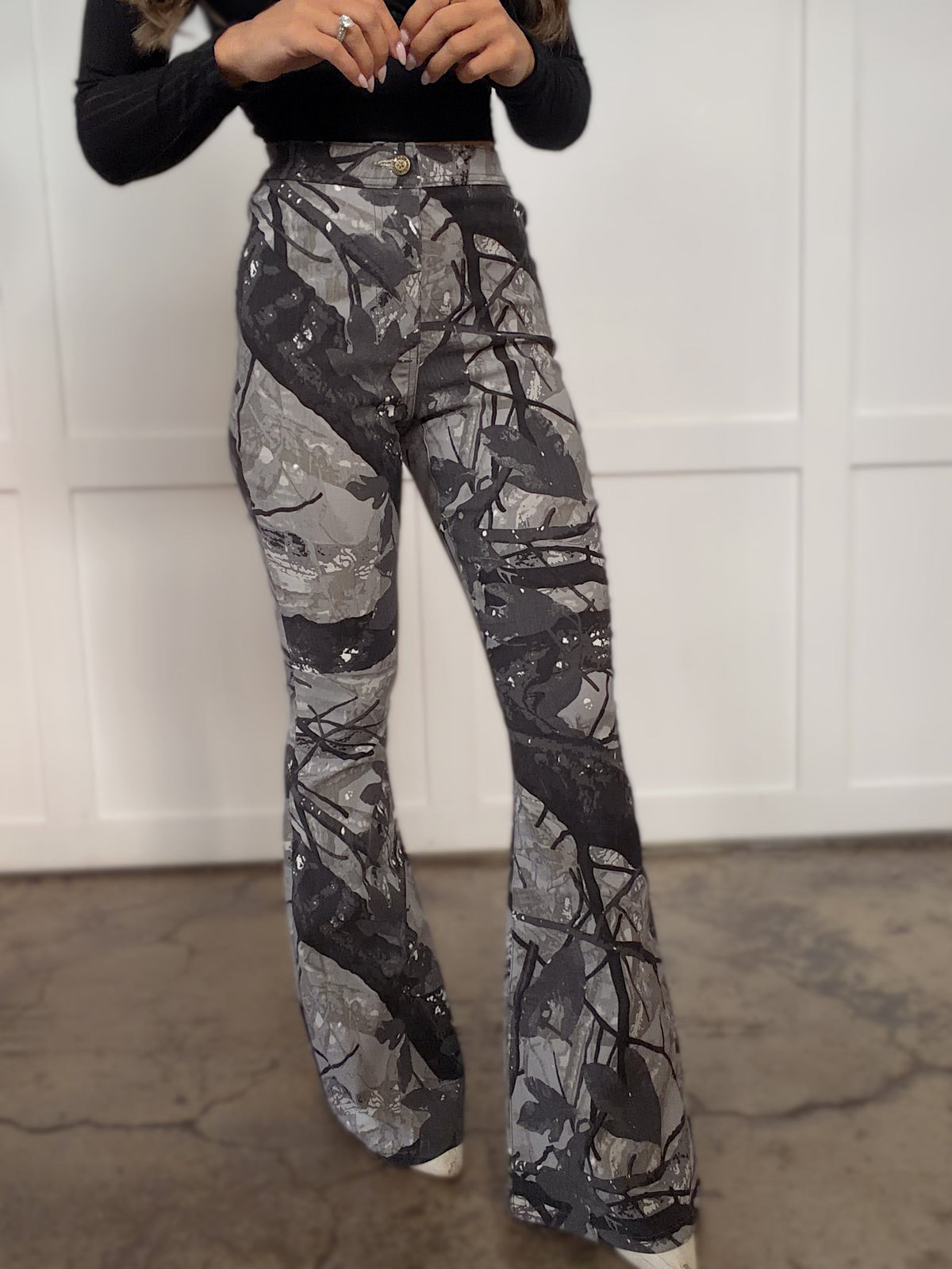 Fiona High Waisted Bell Bottom Flare Jeans - Storm Grey Camo