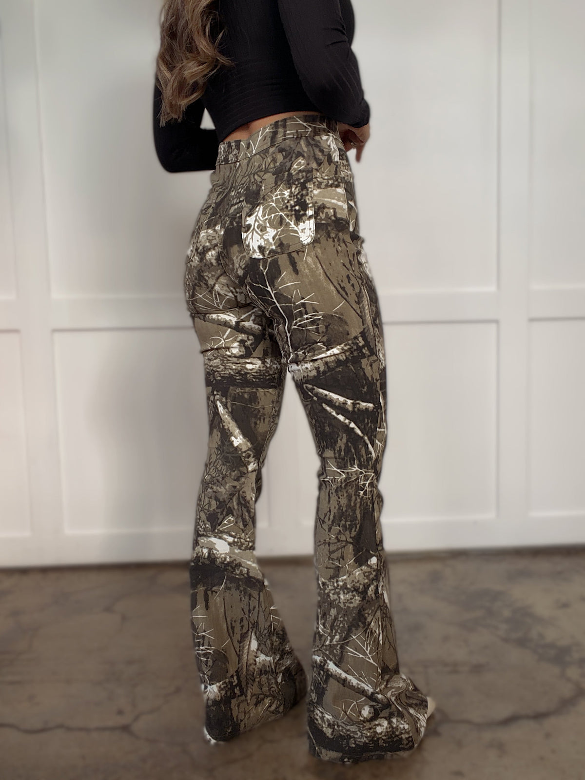 Fiona High Waisted Bell Bottom Flare Jeans - Moss Brown Camo