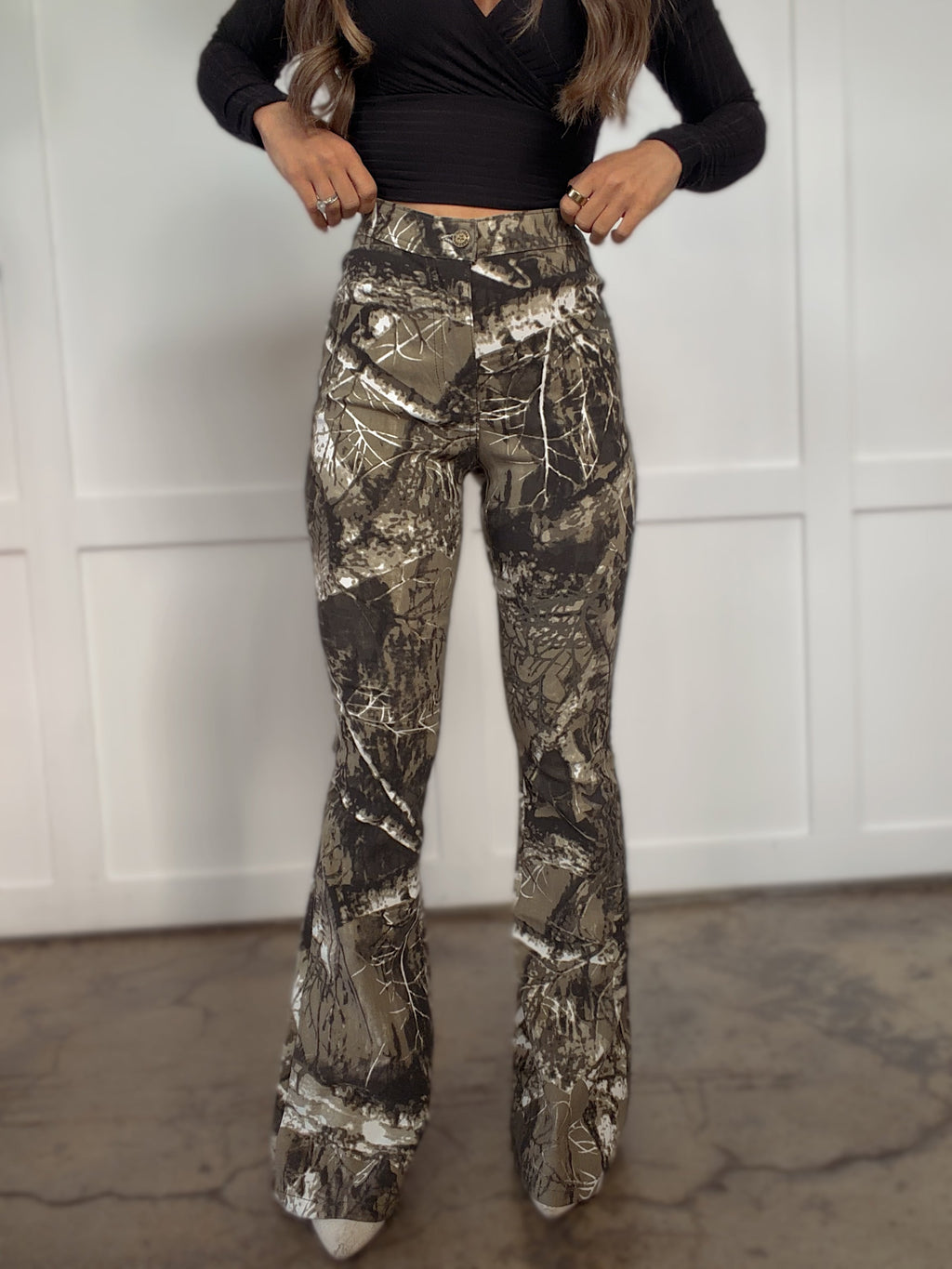 Fiona High Waisted Bell Bottom Flare Jeans - Moss Brown Camo
