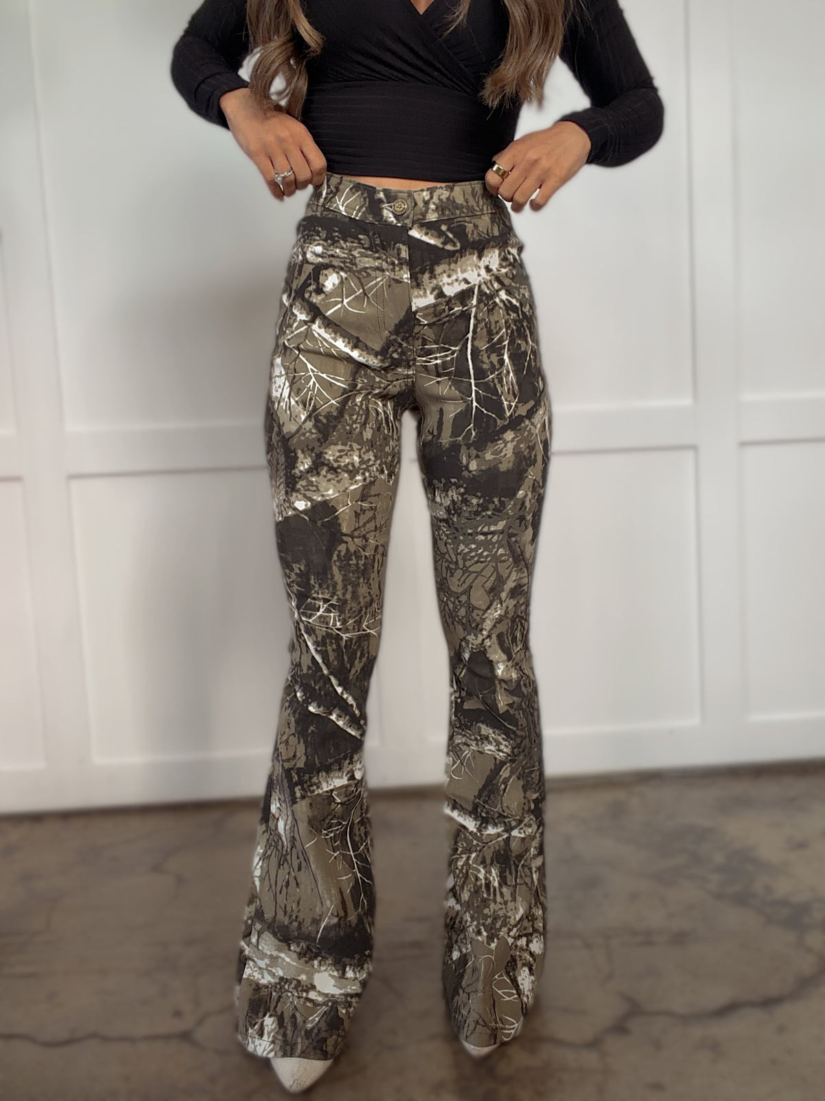 Fiona High Waisted Bell Bottom Flare Jeans - Moss Brown Camo
