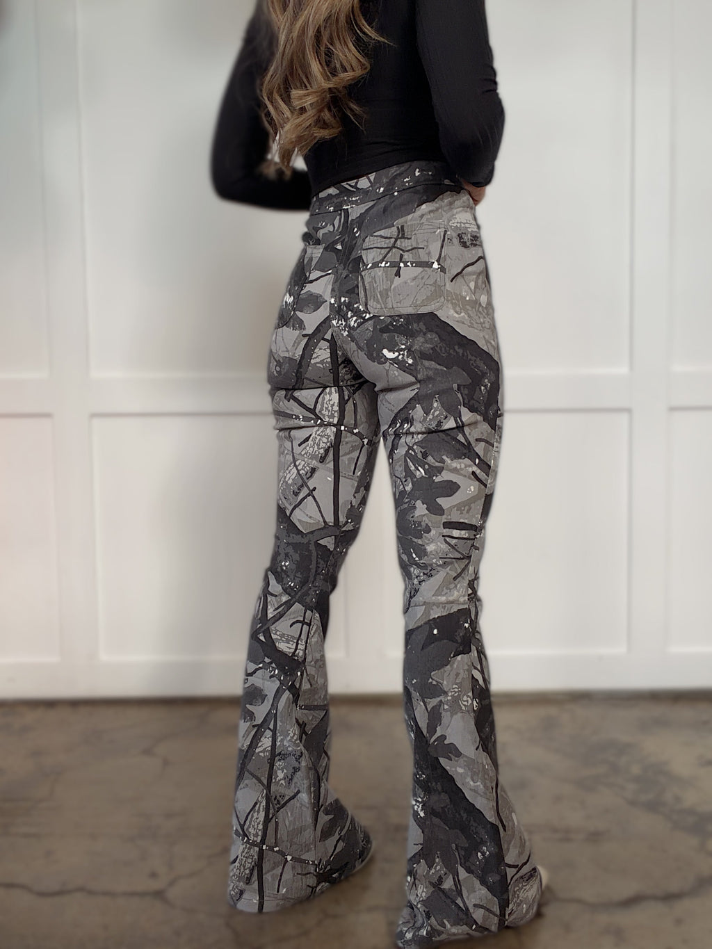 Fiona High Waisted Bell Bottom Flare Jeans - Storm Grey Camo