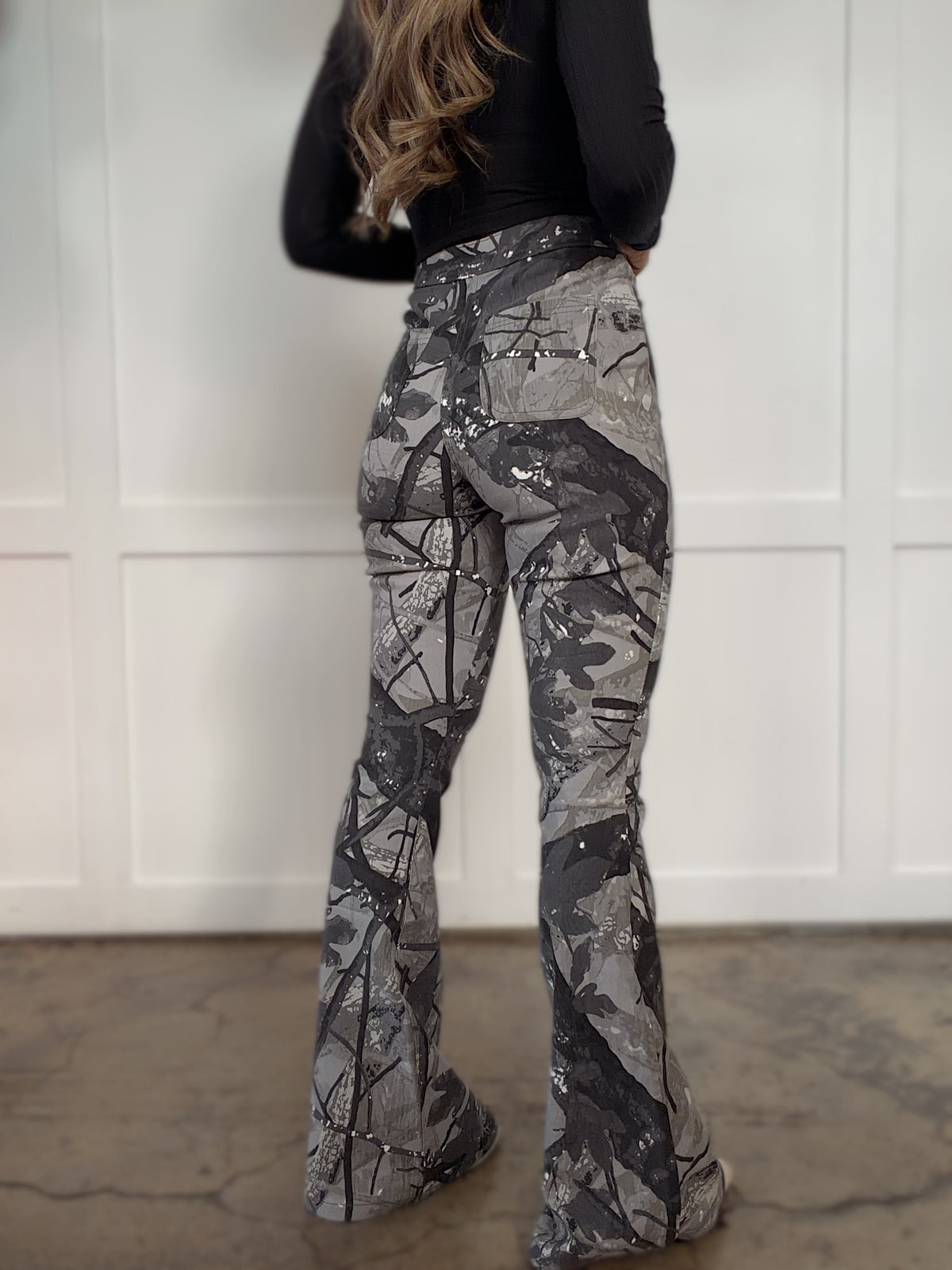 Fiona High Waisted Bell Bottom Flare Jeans - Storm Grey Camo
