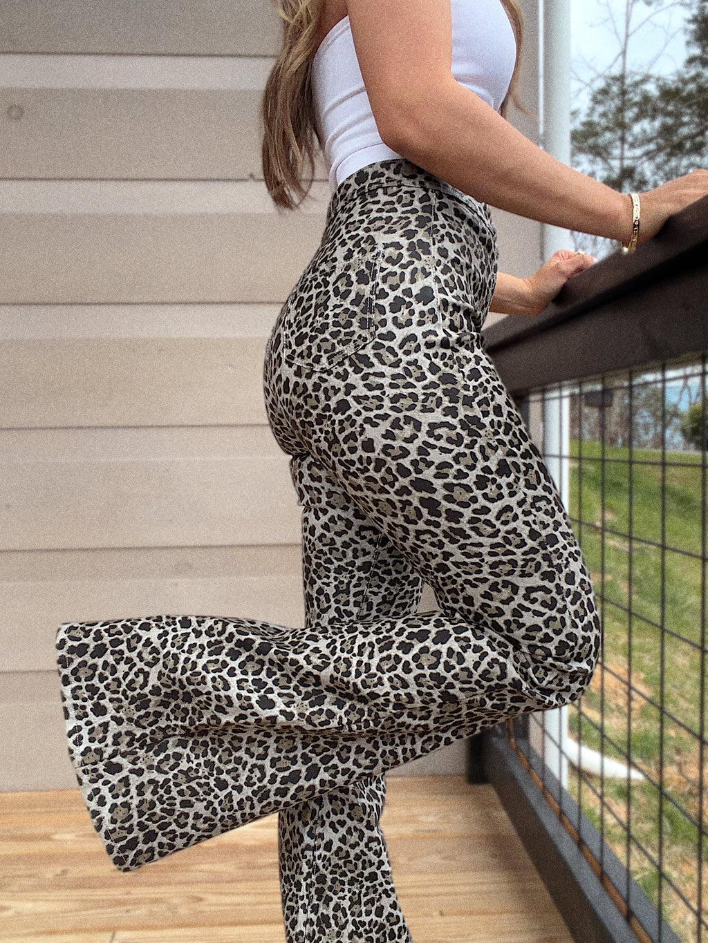 Fiona Leather Leopard High Waisted Bell Bottom Flare Jeans - Grey Moonstone Leopard