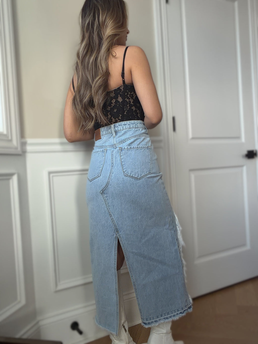 Harper Heavily Distressed Denim Maxi Skirt