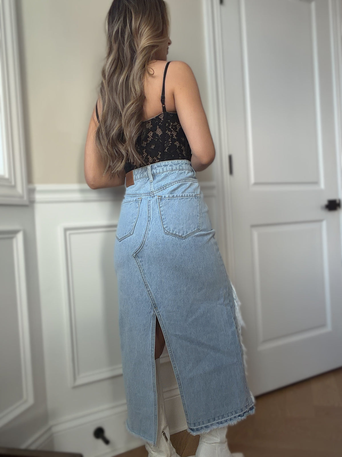 Harper Heavily Distressed Denim Maxi Skirt