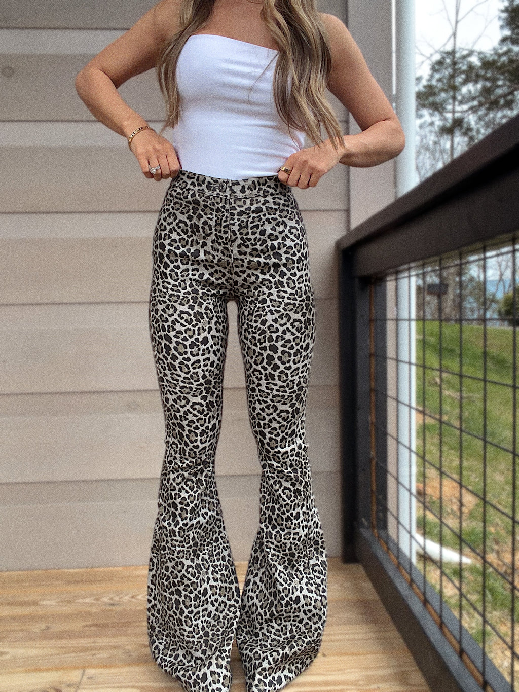 Fiona Leather Leopard High Waisted Bell Bottom Flare Jeans - Grey Moonstone Leopard