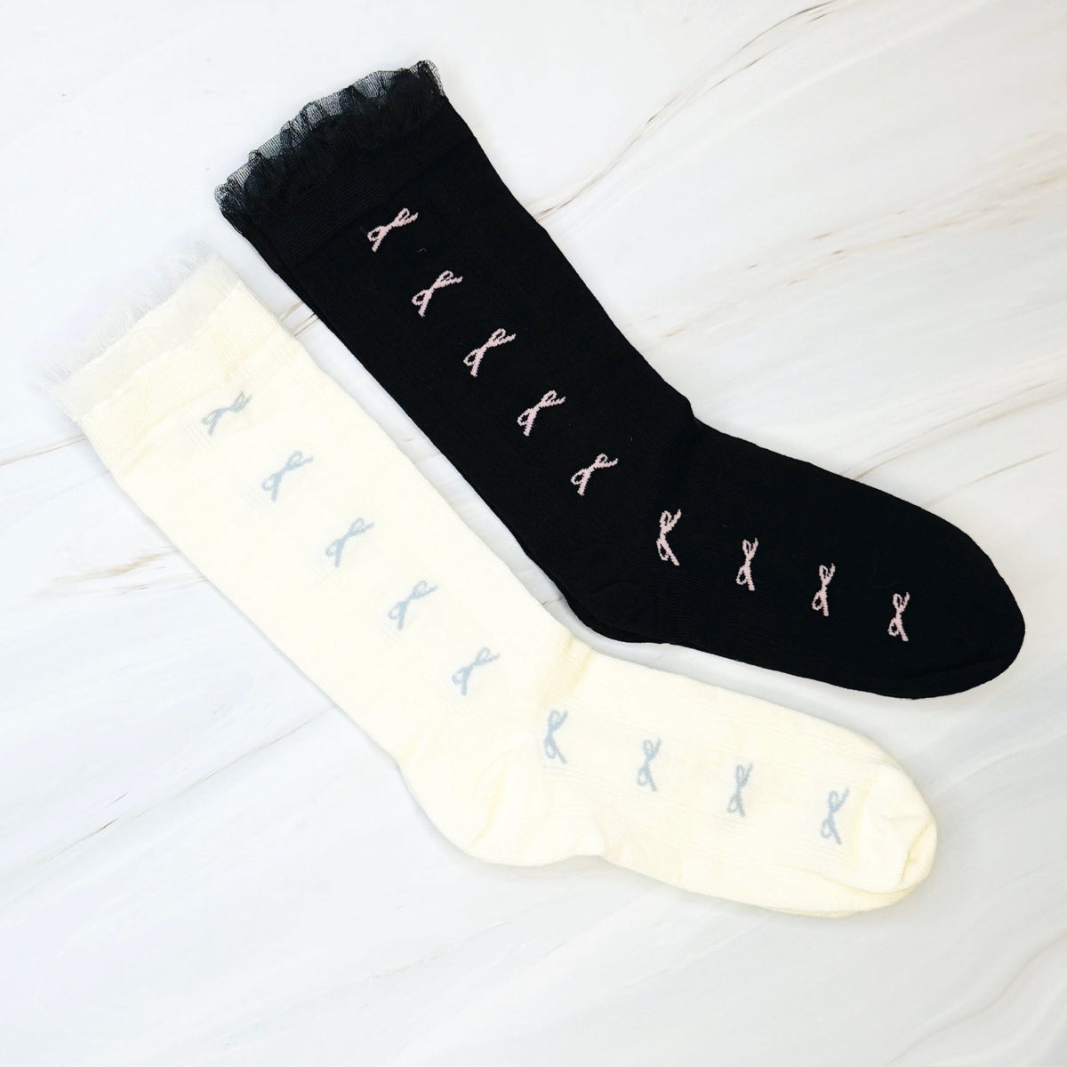 Tulle Top Bow Lined Up Socks Set Of 2