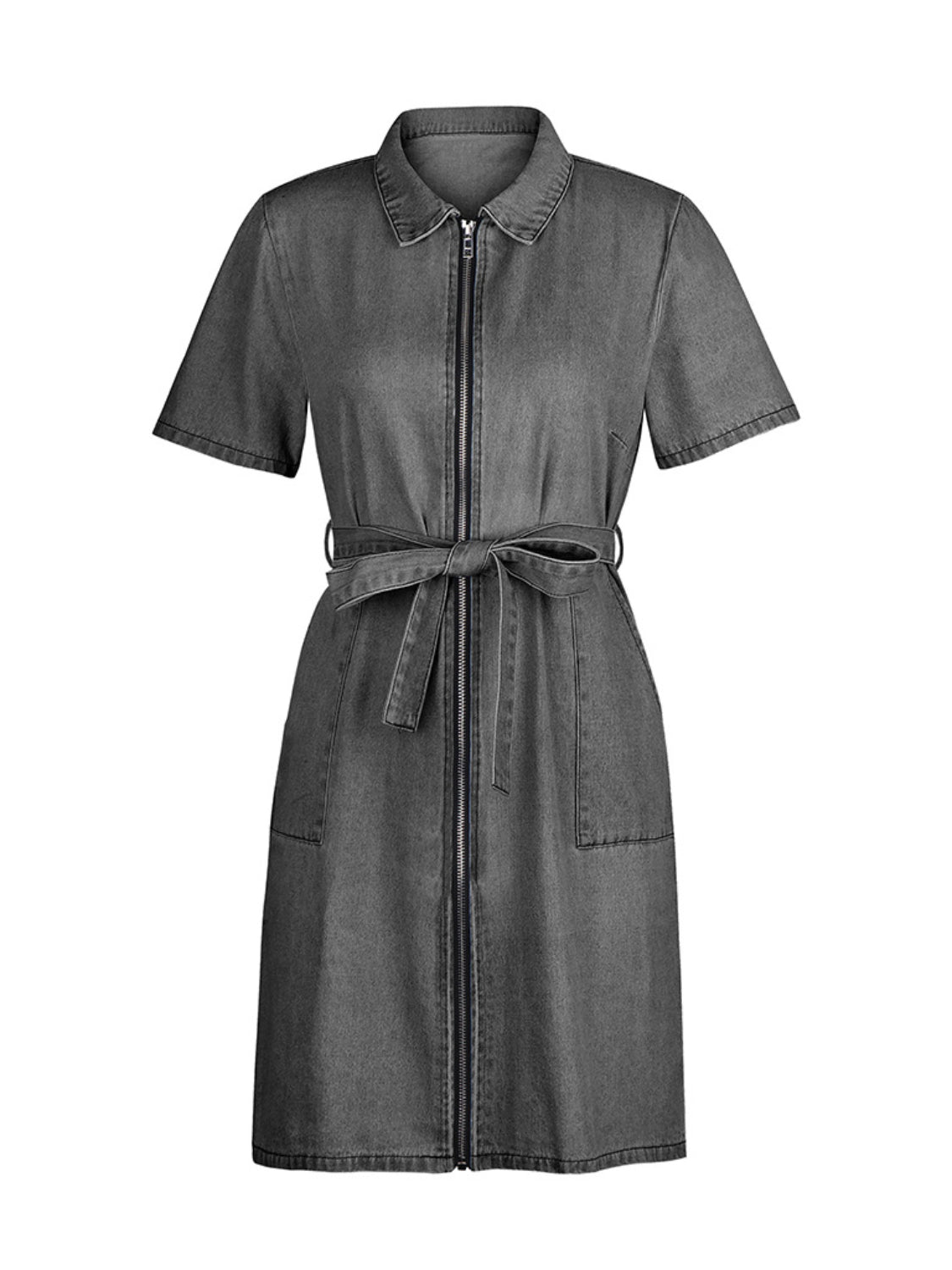 PREORDER: Fia Full Size Zip Front Short Sleeve Denim Dress Plus Size