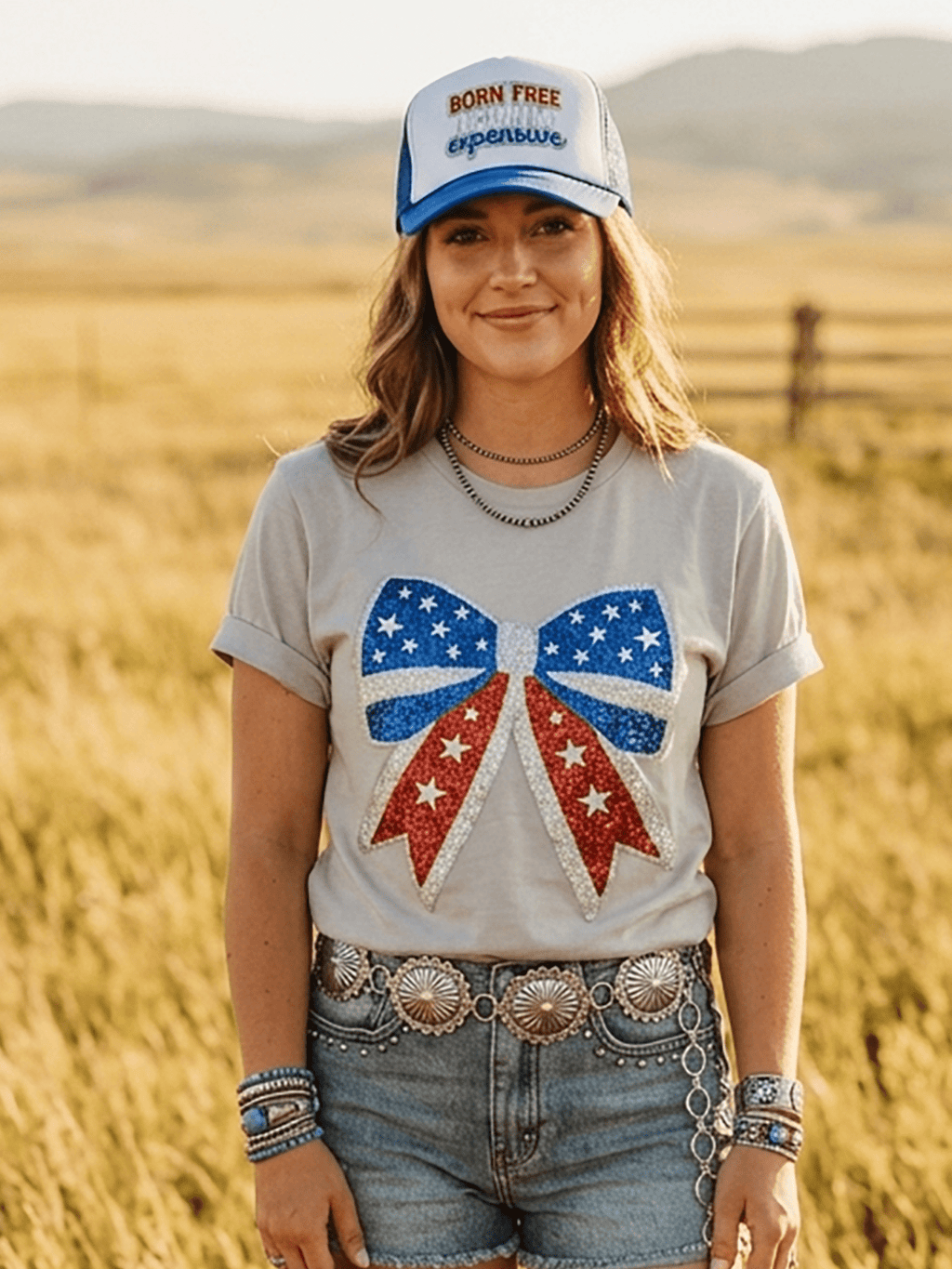 Americana Patriotic Bow Sequin Patch Tee