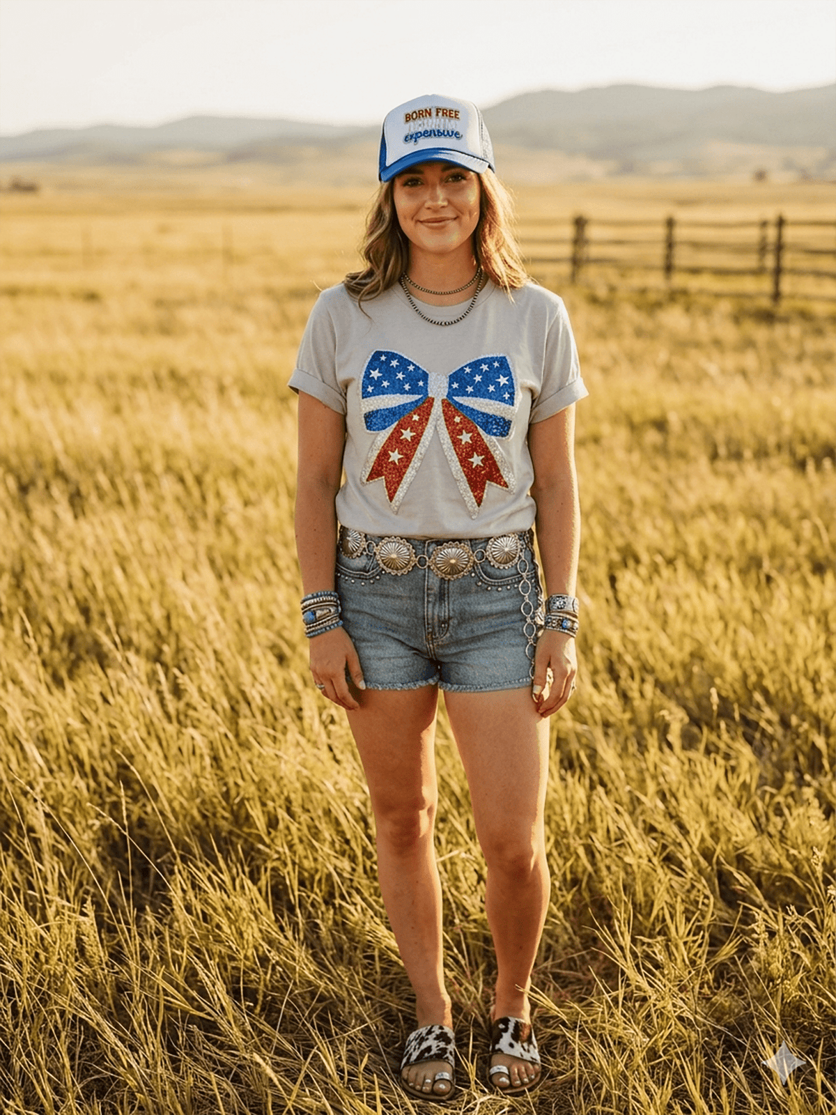 Americana Patriotic Bow Sequin Patch Tee