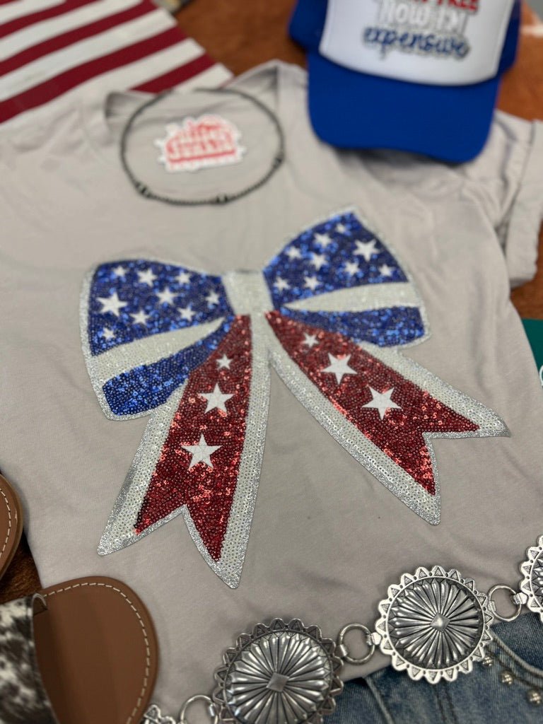 Americana Patriotic Bow Sequin Patch Tee