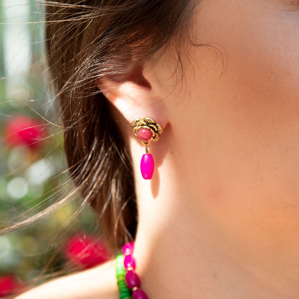 Blooming Pink Agate Post Golden Earrings