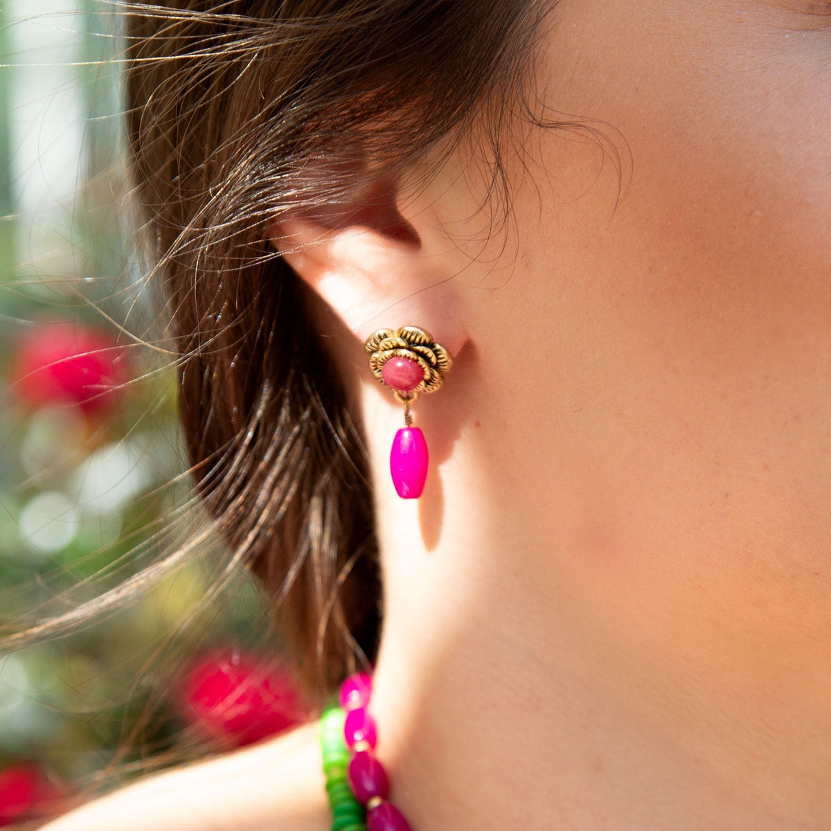 Blooming Pink Agate Post Golden Earrings