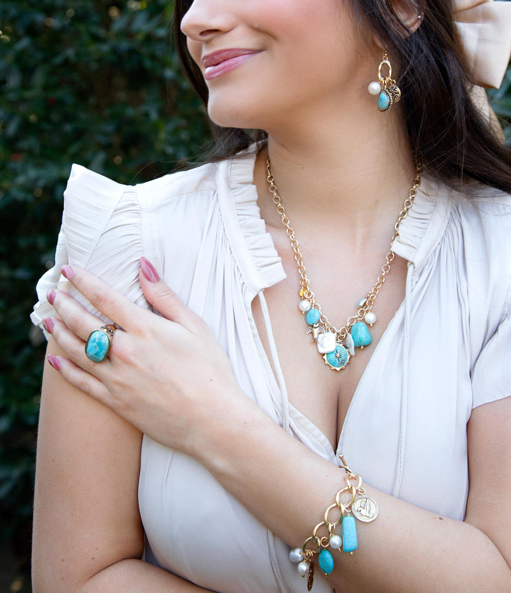 Blue Turquoise and White Pearl Multi Charm Golden Bracelet