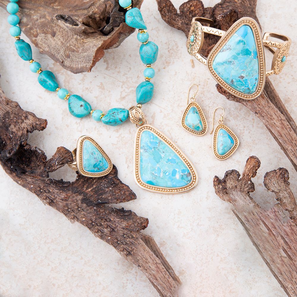 Blue Turquoise Triangle Golden Statement Ring