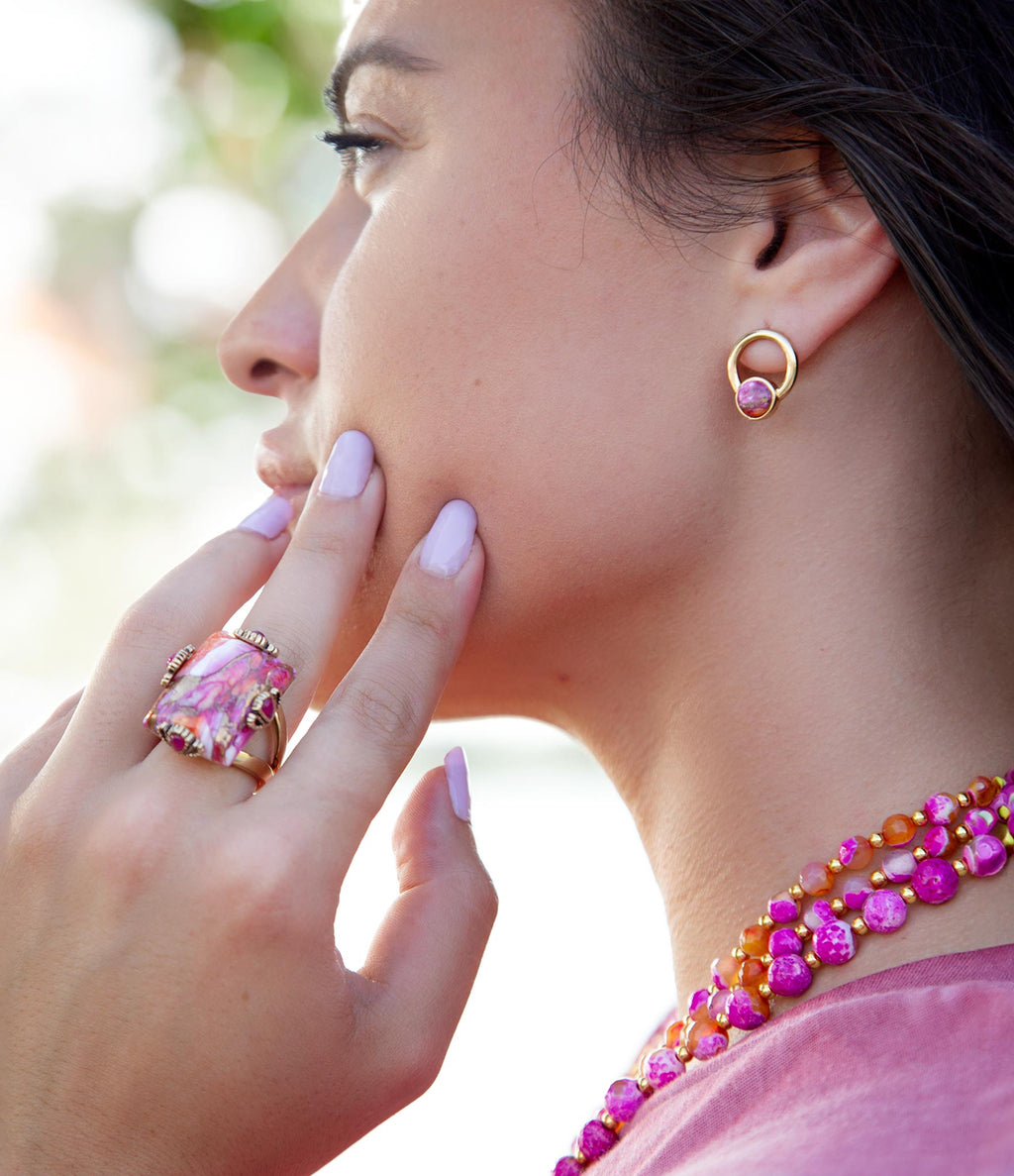 Calgary Pink Spiny Oyster Matrix Post Golden Earrings