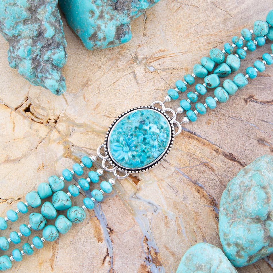 Carved Blue Turquoise and Sterling Silver Toggle Bracelet