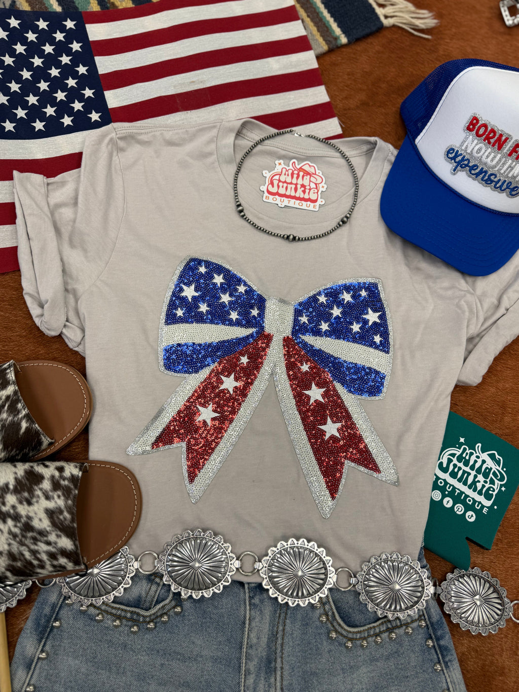 Americana Patriotic Bow Sequin Patch Tee