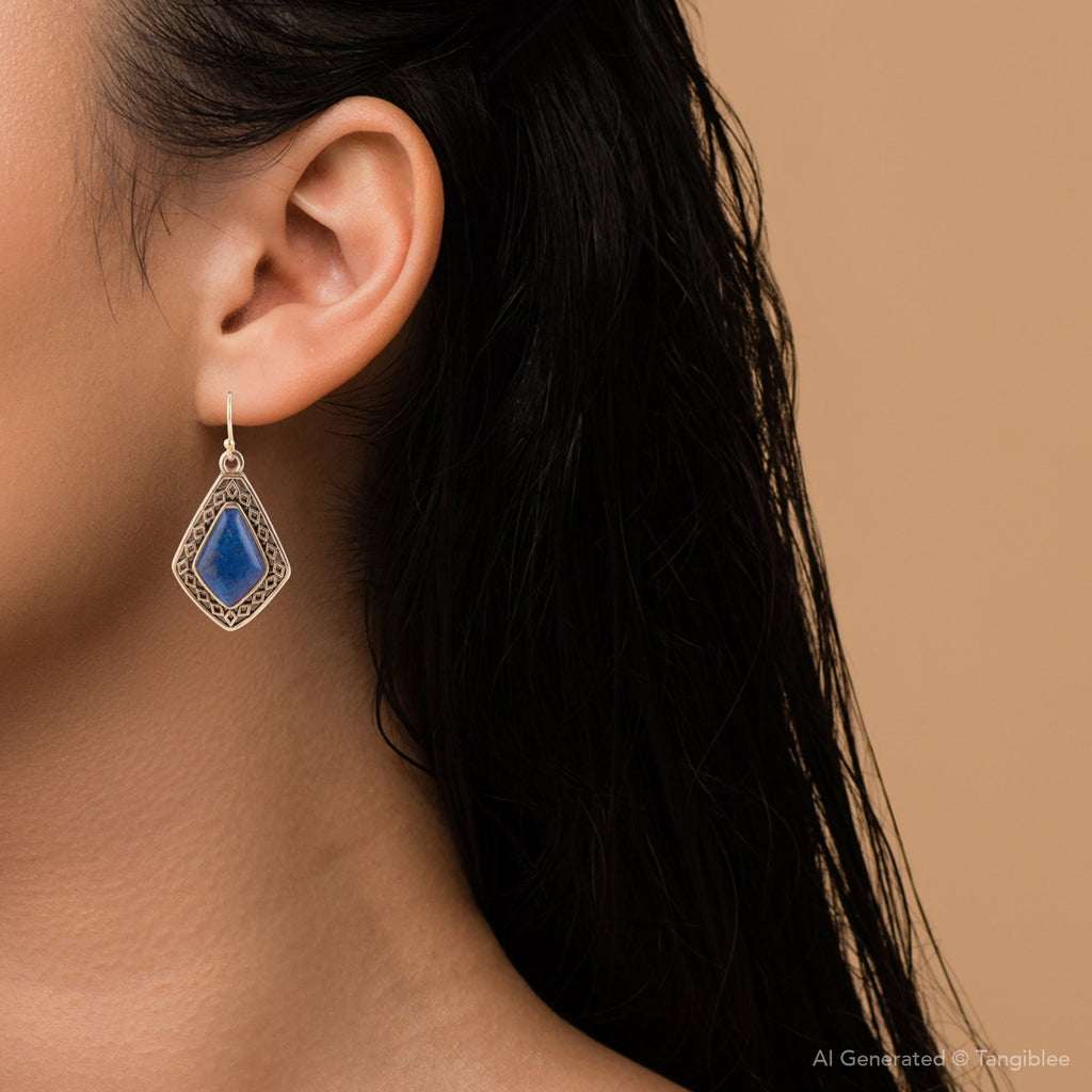 Dimond Blue Lapis Stone Golden Drop Earrings