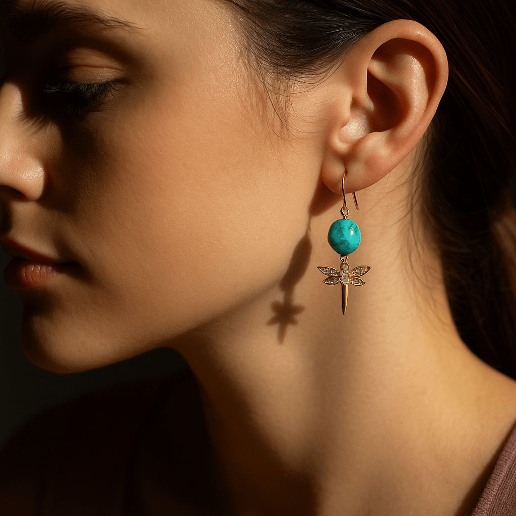 Dragonfly Blue Magnesite Golden Drop Earrings