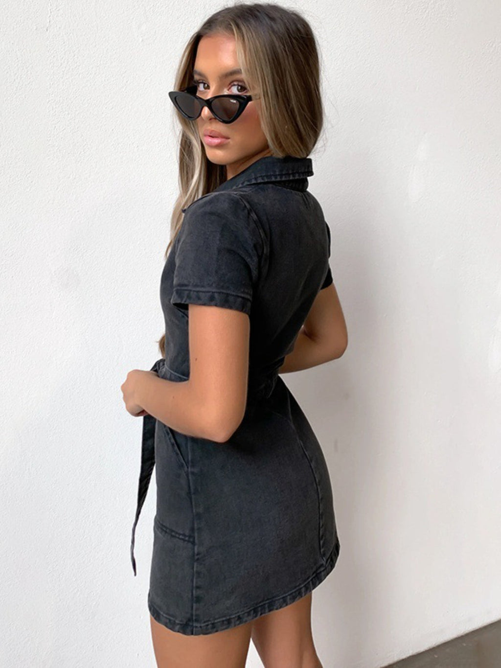 PREORDER: Fia Full Size Zip Front Short Sleeve Denim Dress Plus Size