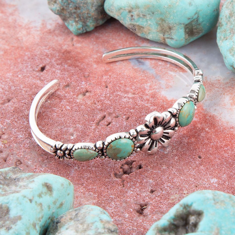 Floral Blue Turquoise and Sterling Silver Cuff Bracelet