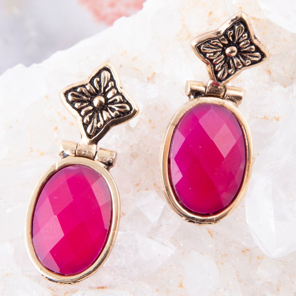 Golden Flower Pink Agate Drop Earrings