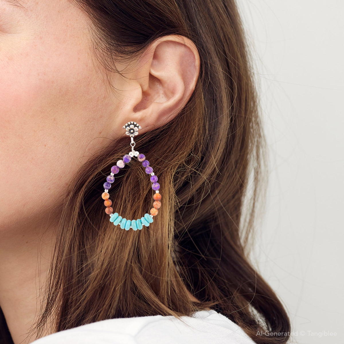 Prescott Blue Turquoise Purple and Orange Sterling Silver Drop Earrings