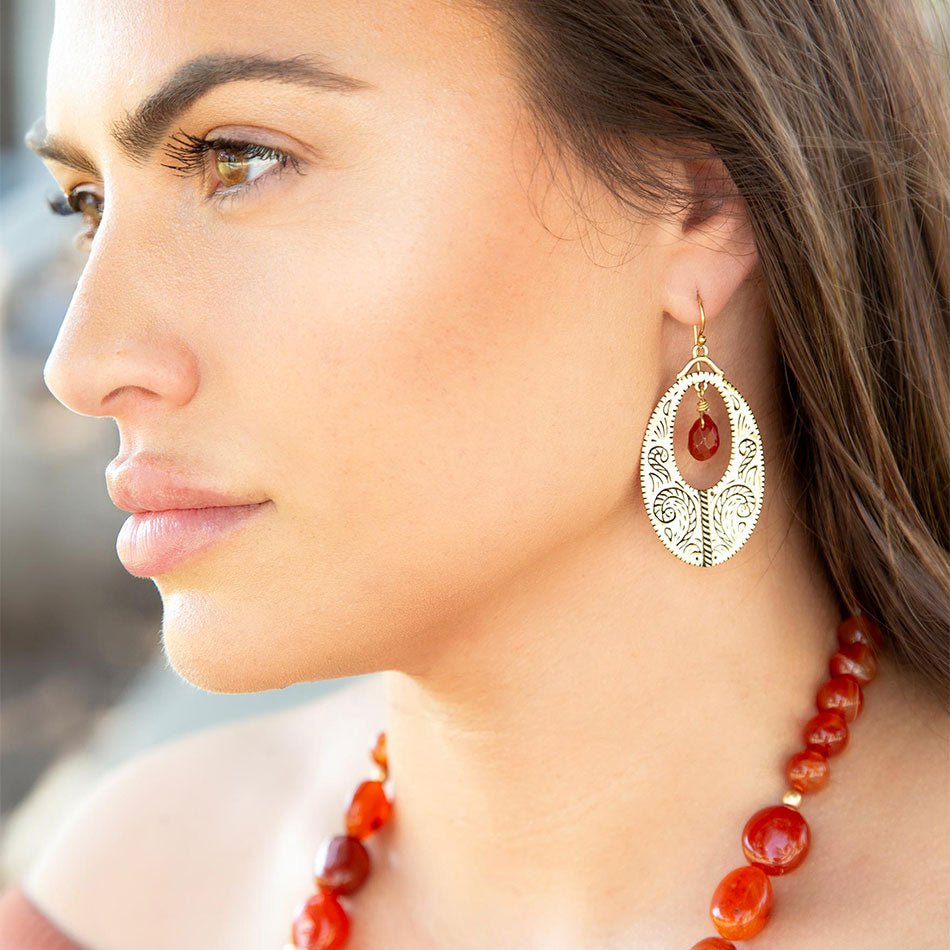 Rustic Orange Carnelian Golden Drop Earrings
