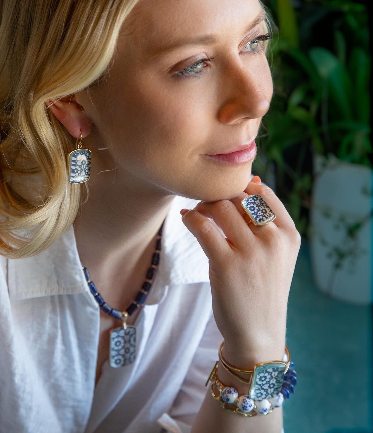 Santorini Cobalt Blue and White Golden Cuff Bracelet