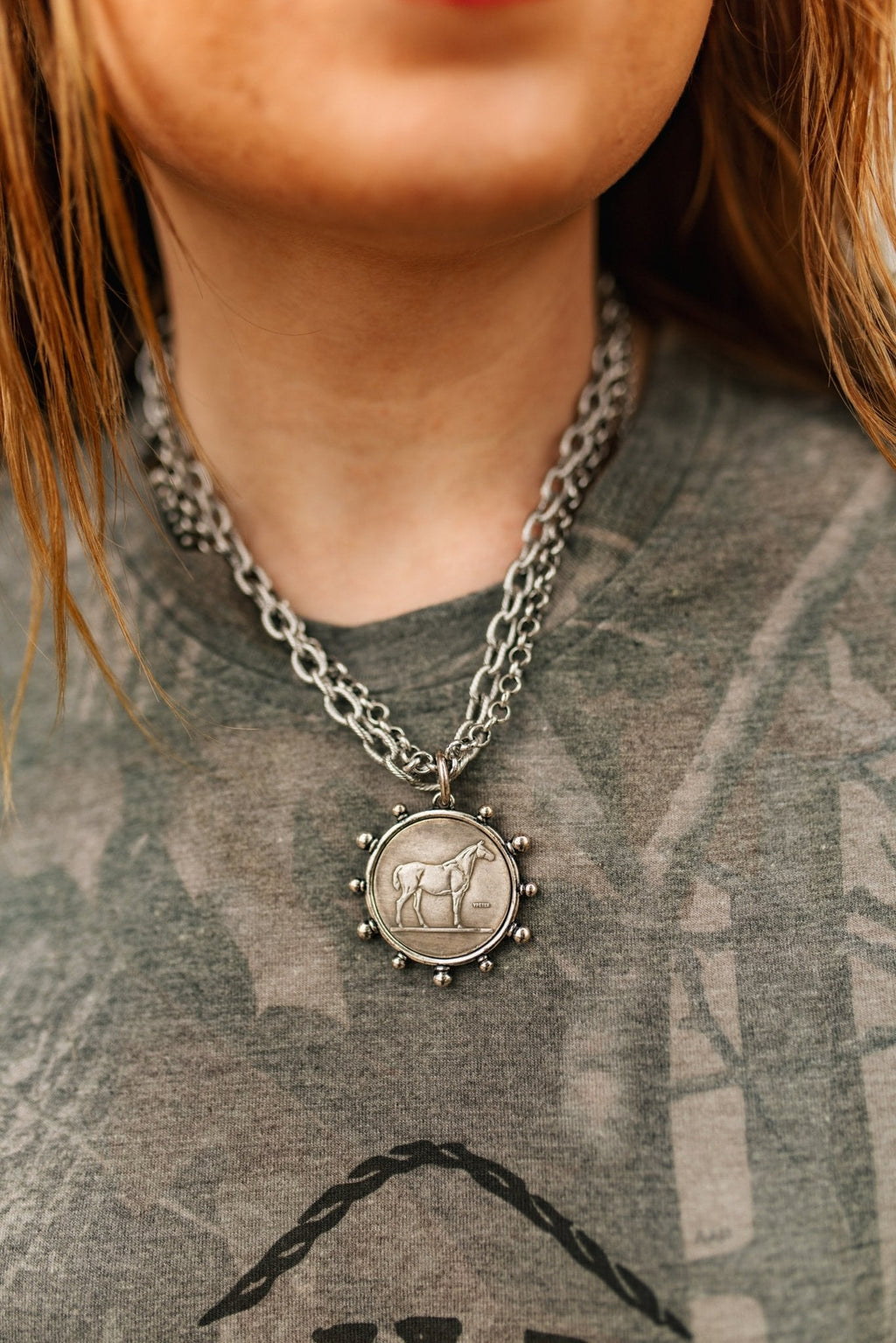 Silver Horse Coin Double Chain Necklace