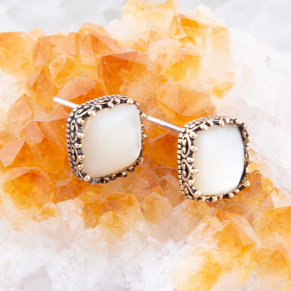 Squared Up Mother of Pearl Golden Stud Earrings