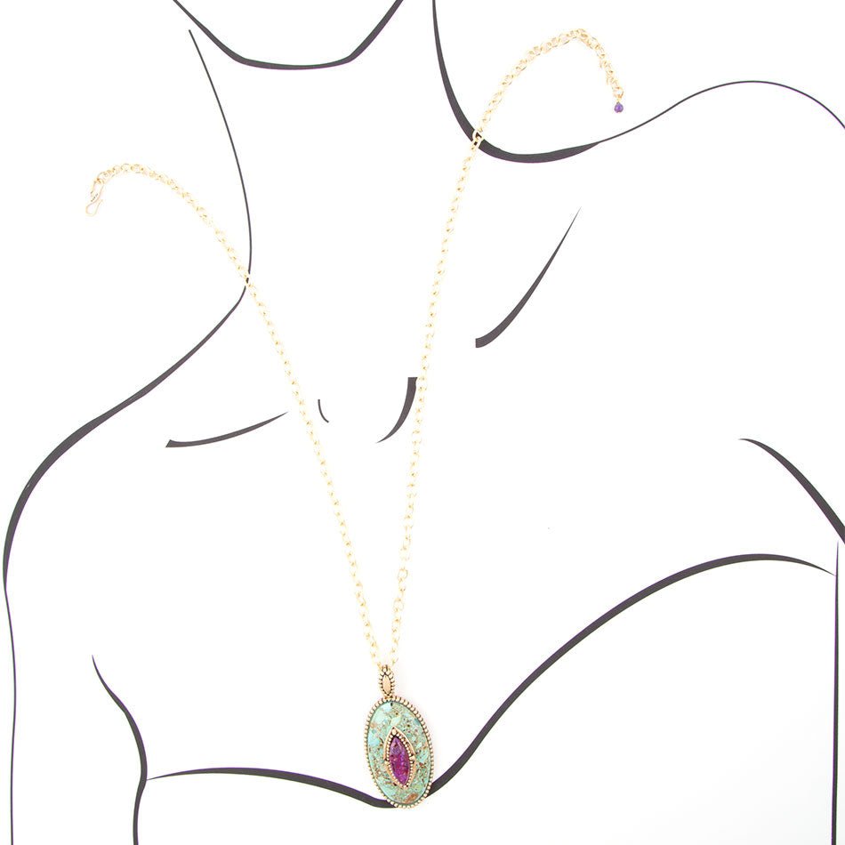 Stacked Stone Blue and Purple Turquoise Golden Pendant Chain Necklace