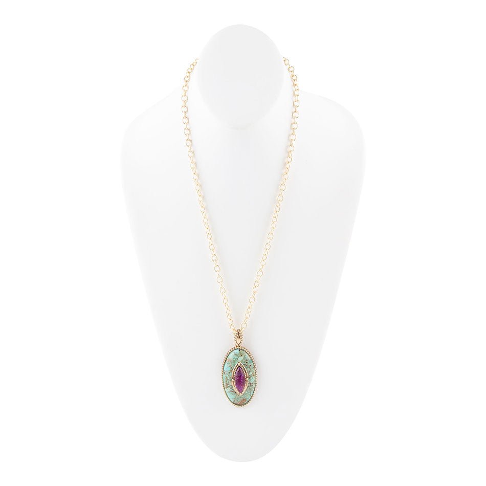 Stacked Stone Blue and Purple Turquoise Golden Pendant Chain Necklace