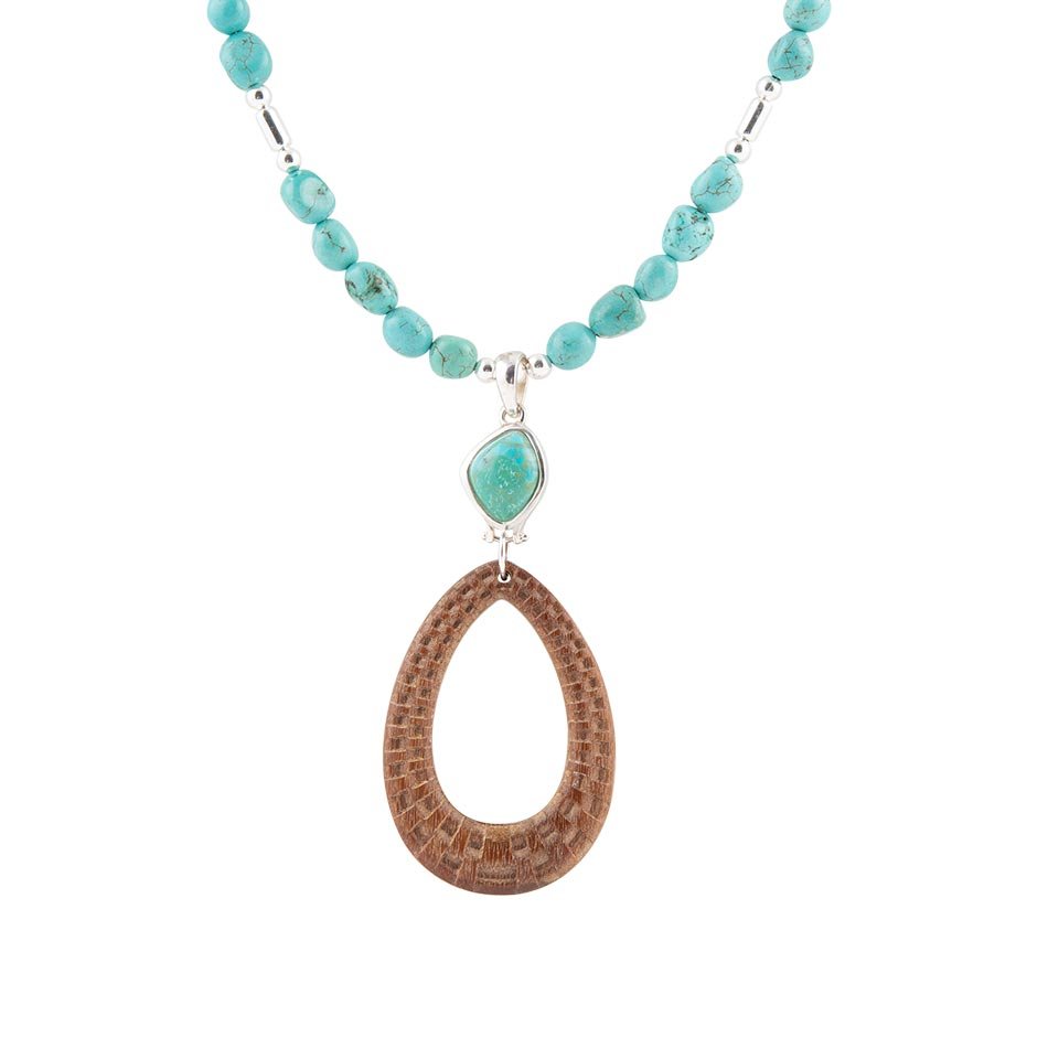 Blue Turquoise and Brown Woven Wood Pendant Sterling Silver Necklace