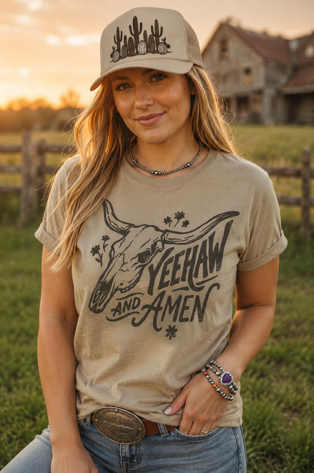 Yeehaw and Amen Longhorn Graphic Tee