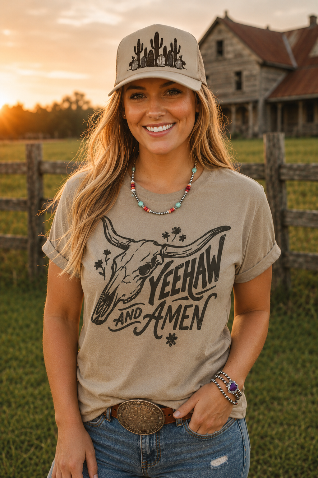 Yeehaw and Amen Longhorn Graphic Tee